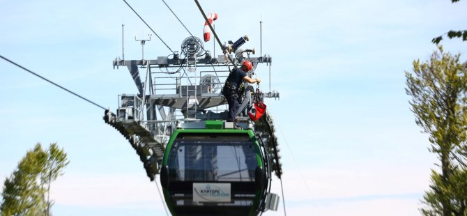Büyükşehir İtfaiyesinden teleferikte nefes kesen tatbikat