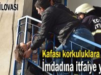 Kafası korkuluklara sıkıştı, imdadına itfaiye yetişti